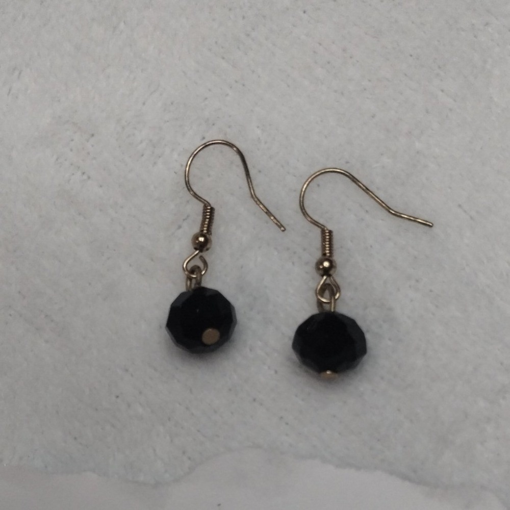 Black Faceted Crystal Drop Earrings‎ Gold Tone Fishhook Dangle Minimalist Boho